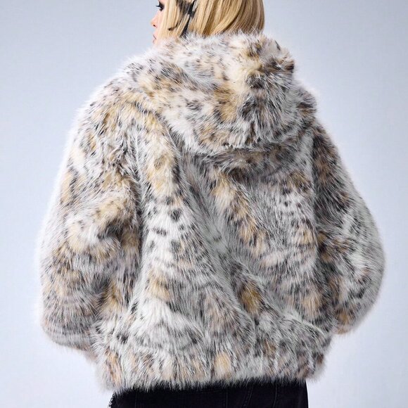 Multicolor Casual Women's Grunge Punk Ombre Polka Dot Faux Fur Hooded Cardigan - Picture 2 of 8